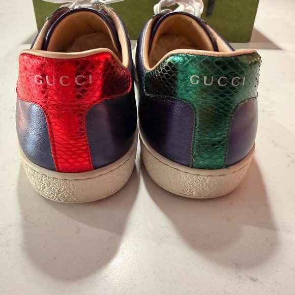 GUCCI Ace Metallic Blue Leather Crystal Arrow Men's Sneakers - Picture 5 of 9